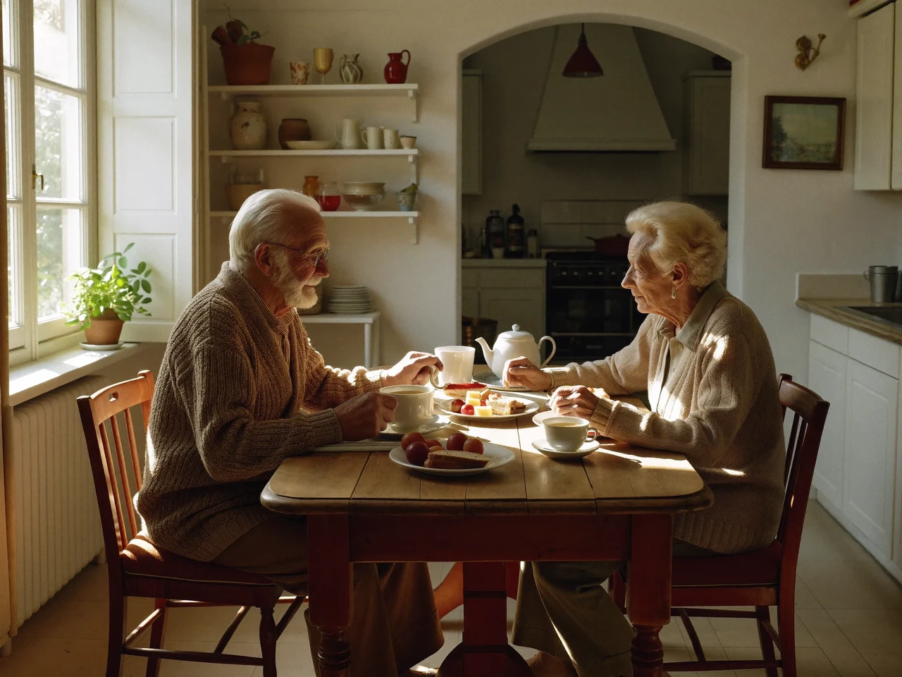 Colazione semplice in una cucina italiana: una coppia anziana condivide frutta, pane e tè