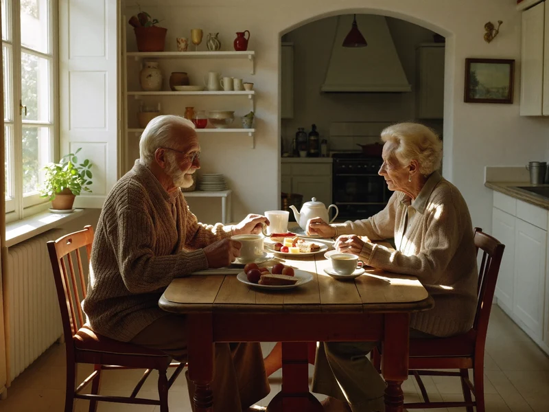 Colazione semplice in una cucina italiana: una coppia anziana condivide frutta, pane e tè