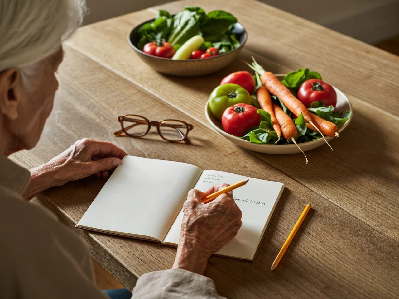 Mani di una donna scrivono su un quaderno accanto a verdure di stagione