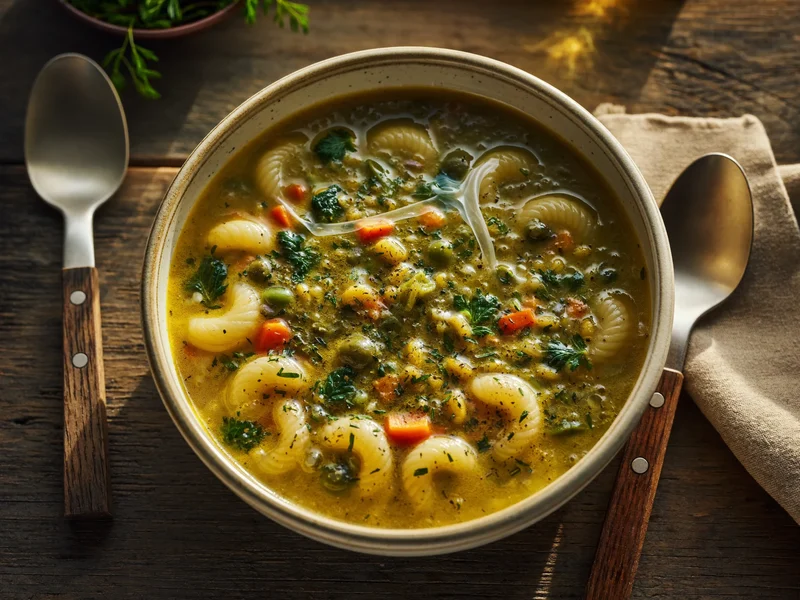 Ciotola di minestra morbida con verdure, legumi e pasta piccola su un tavolo rustico