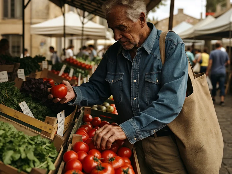Uomo anziano con borsa di tela sceglie pomodori e verdure al mercato
