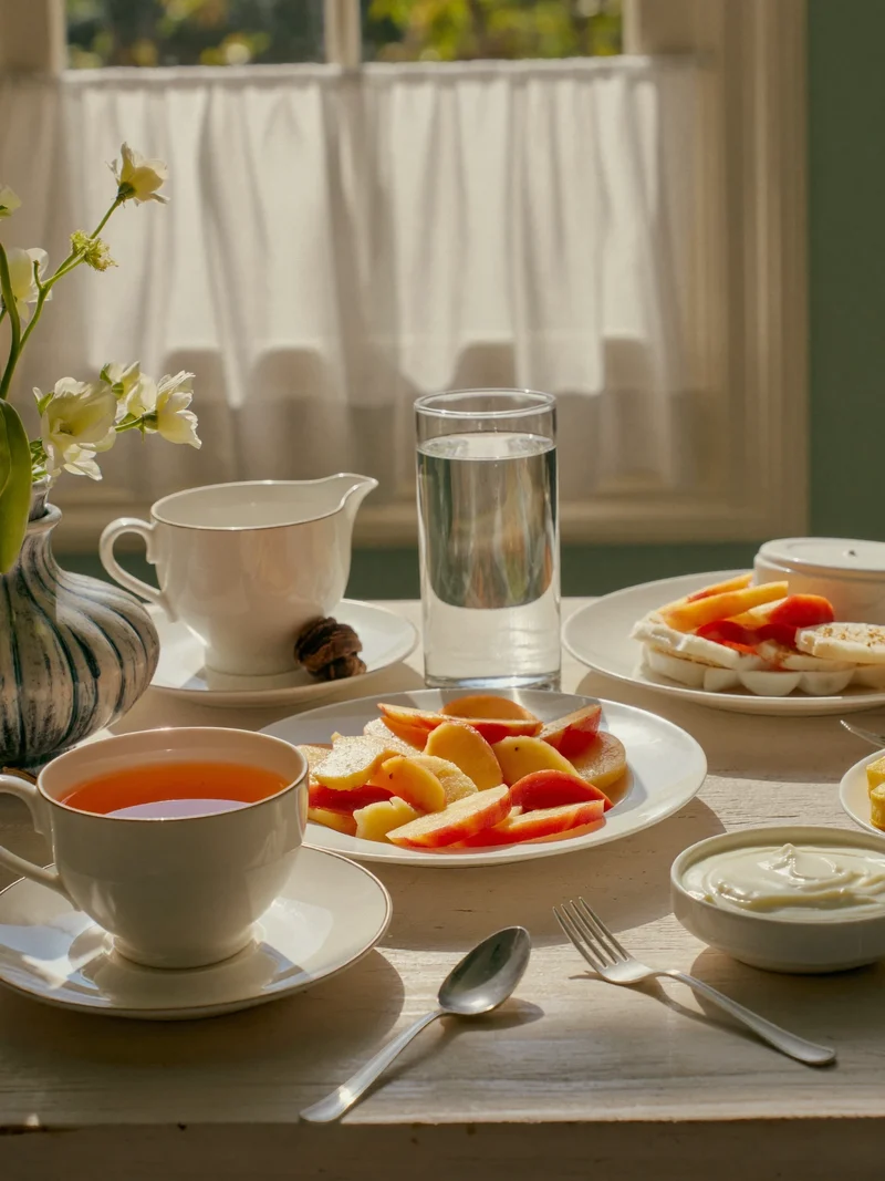 Tavolo soleggiato con acqua, tisana, frutta a fette e yogurt bianco