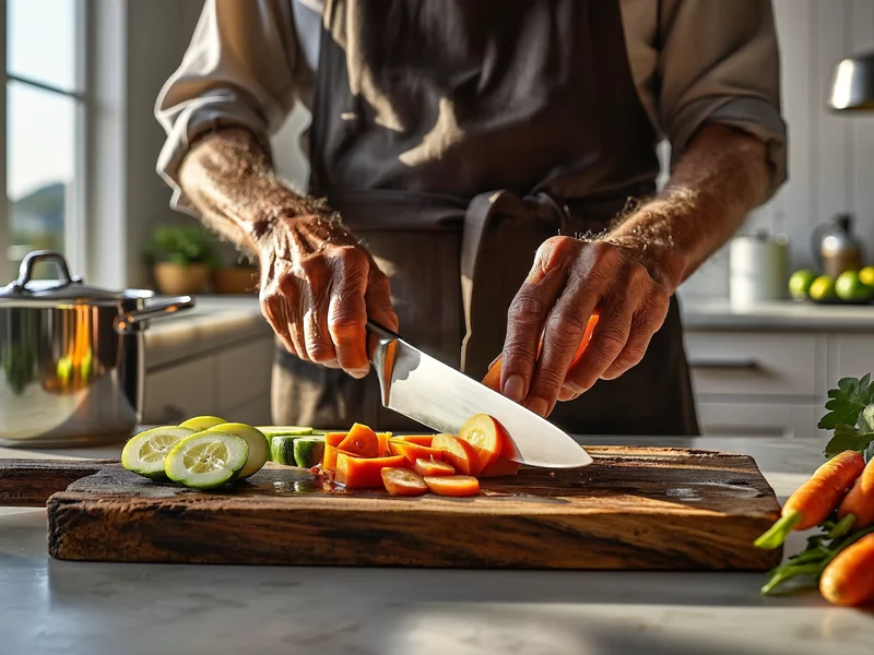 Mani di una persona anziana tagliano carote e zucchine su un tagliere