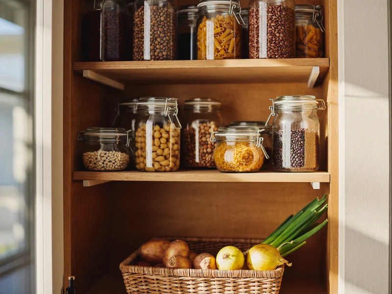 Dispensa ordinata con barattoli di legumi, cereali, riso e pasta, e cesto di patate
