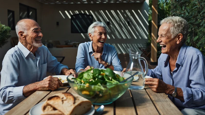 Tre amici anziani ridono a pranzo su una terrazza ombreggiata